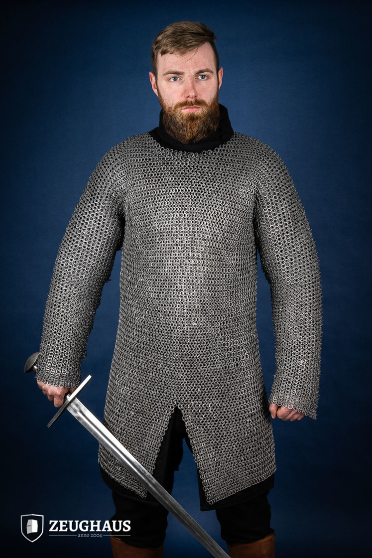 The Medieval 6MM MS Round Riveted with alternate flat ring Hauberk  Chainmail Armor Full Sleeve Shirt - Natural Oiled Finish, Large